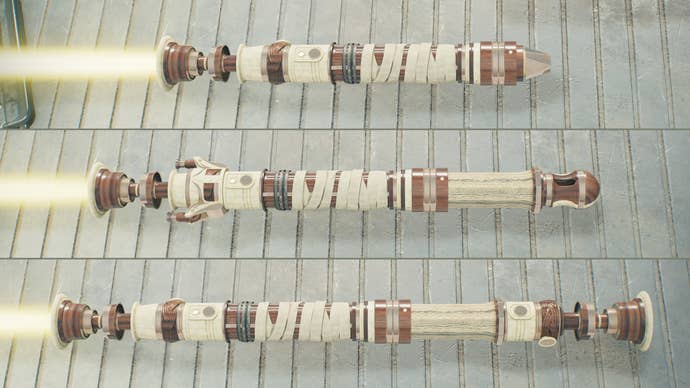 Three screenshots of a yellow lightsaber design in Jedi: Survivor in different stances. From top to bottom: Single, Crossguard, Double-Bladed.