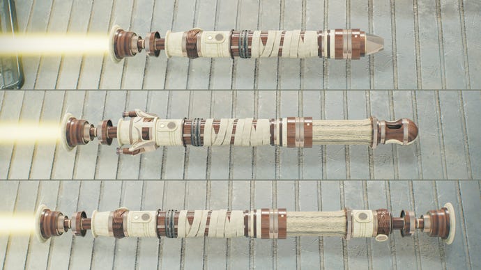 Three screenshots of a yellow lightsaber design in Jedi: Survivor in different stances. From top to bottom: Single, Crossguard, Double-Bladed.