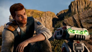 Screenshot of Star Wars Jedi: Survivor showing red-headed Jedi protagonist crouching next to cute robot