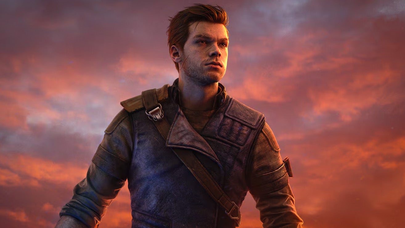A stubbly bearded man with short hair stares into the distance, framed by a peachy coloured cloudy sky. It's Kai from Star Wars Jedi Survivor.