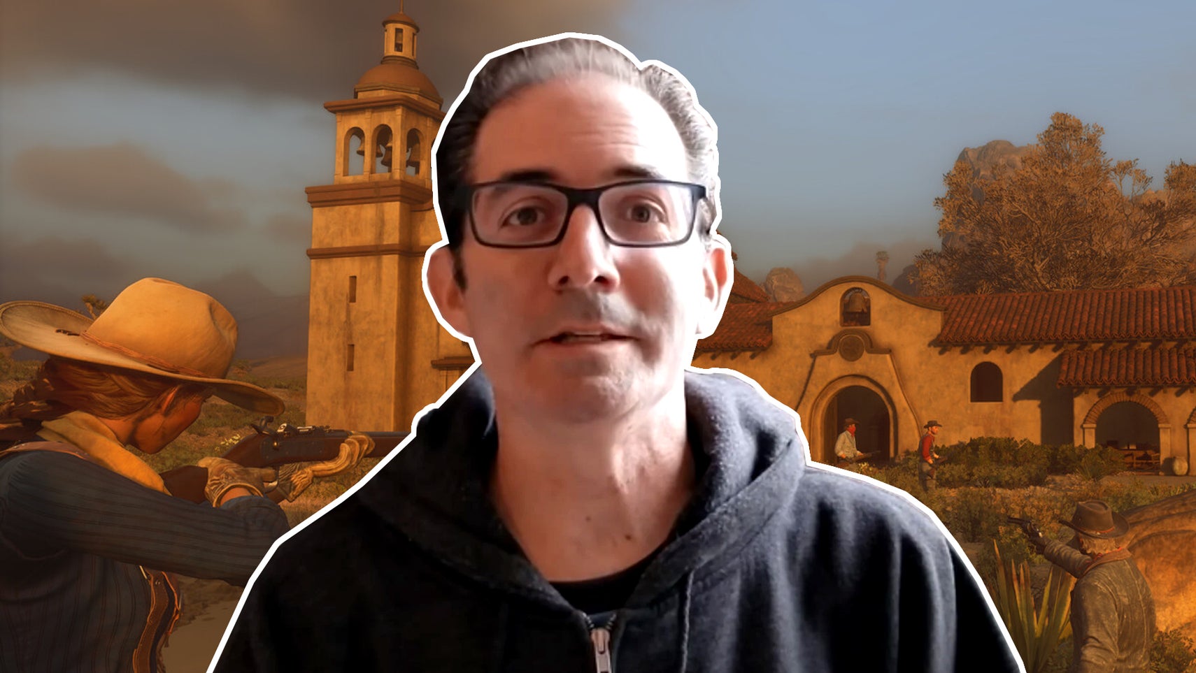 Image of Jeff Kaplan superimposed over a screenshot from The Legend of California.