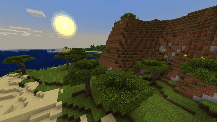 A Minecraft Bedrock screenshot of a landscape displayed using the Jehkoba’s Fantasy Texture Pack.