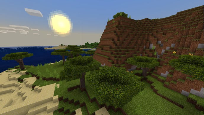 A Minecraft Bedrock screenshot of a landscape displayed using the Jehkoba’s Fantasy Texture Pack.