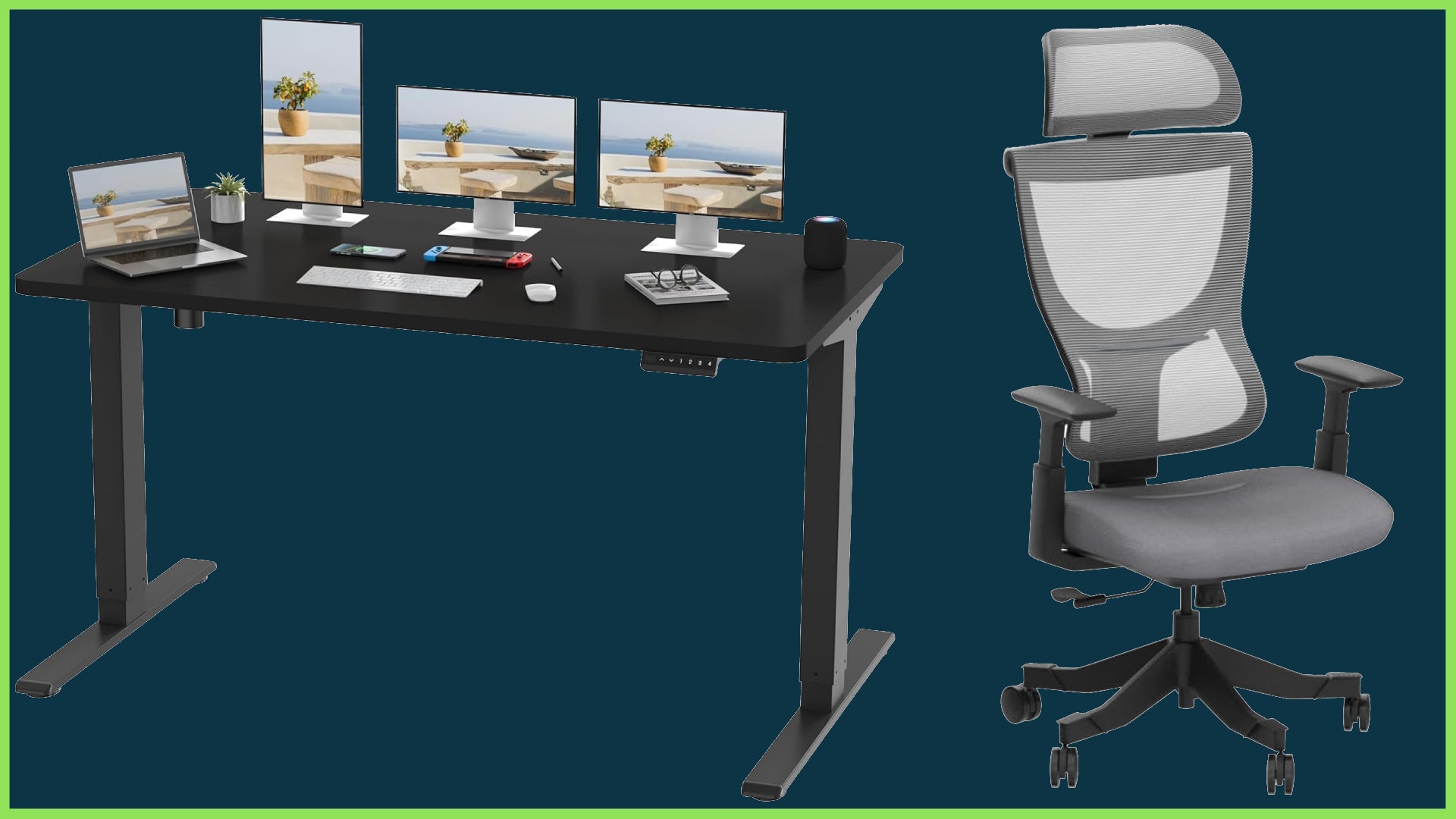A Flexispot BS8 office chair and an adjustable standing desk.