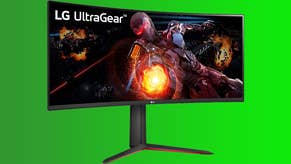 The 34-inch LG Ultragear curved gaming monitor on a green background.