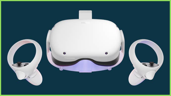 The Meta Quest 2 VR Headset and Controller on a blue background