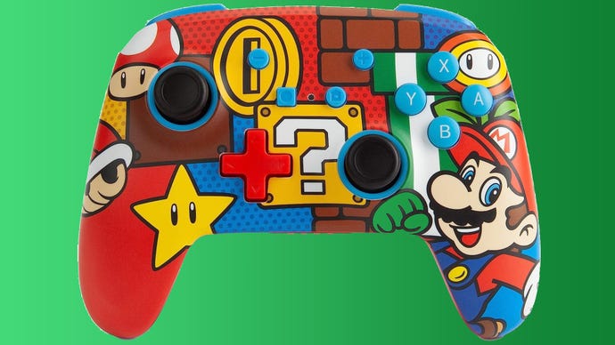A PowerA wireless Nintendo Switch controller with Mario artwork design.