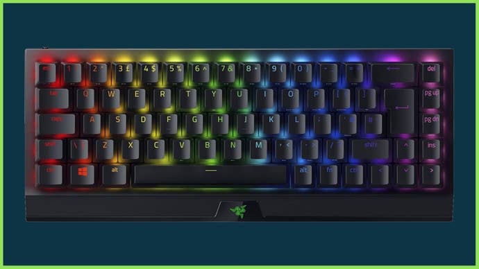 The Razer BlackWidow V3 Mini mechanical keyboard on a blue background