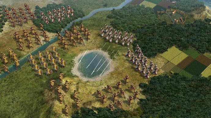 A battle map from Civilization V, with archers firing across a lake.