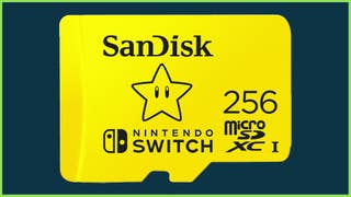 A yellow 256GB microSD card from SanDisk with a Mario star on the front