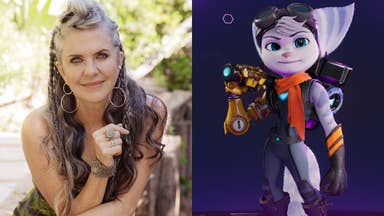 Headshot of voice actor Jennifer Hale next to image of cute purple long-eared Rivet from Ratchet and Clank
