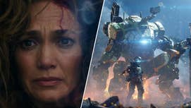 Jennifer Lopez looks slightly scared and worn down in a still from Atlas. Key art of a Titan, a large mech, with a person stood in front of it from Titanfall.