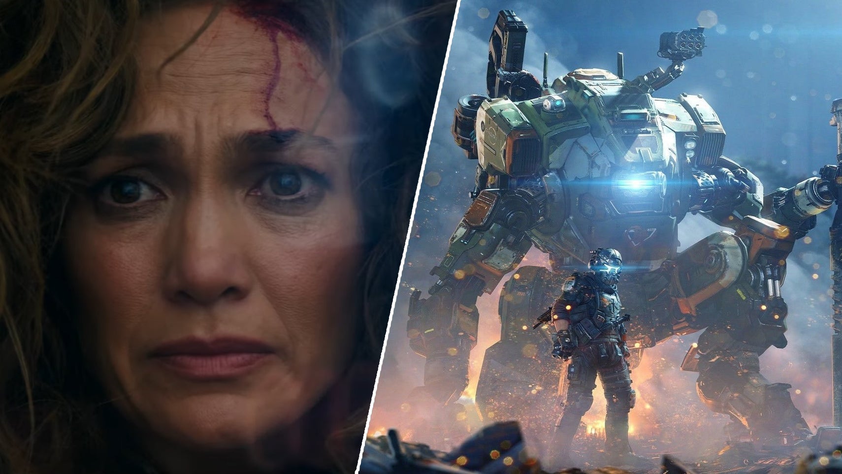 Jennifer Lopez looks slightly scared and worn down in a still from Atlas. Key art of a Titan, a large mech, with a person stood in front of it from Titanfall. - 1