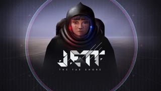 A girl in a space suit with the game logo Jett: The Far Shore in front of her