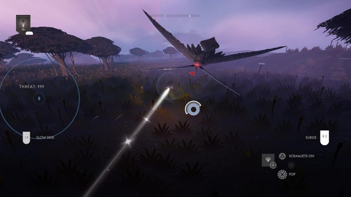 A ship flies away from a horrible space wasp in Jett: The Far Shore.