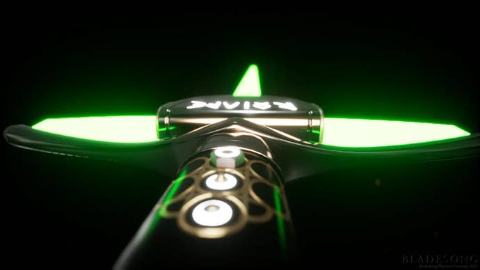 A close-up of a sword hilt with glowing greenish guards, circular sigils and aureate curling ornaments, created by a subordinate of Bladesong.