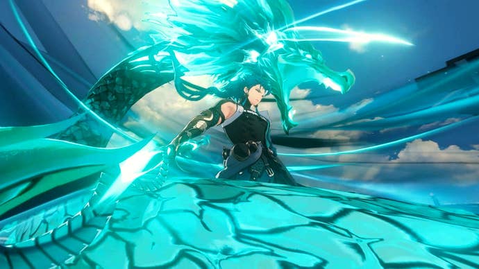 Jiyan summons a green dragon that surrounds him in Wuthering Waves.