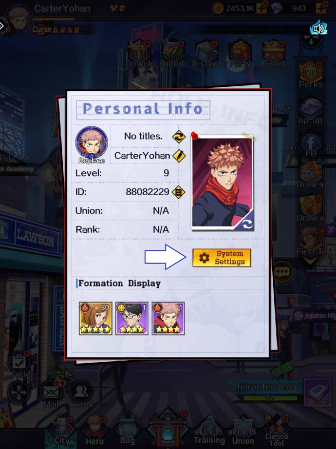 A screenshot from Jujutsu Legends: Phantom Siege showing the game's System Settings button.