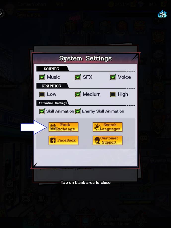 A screenshot from Jujutsu Legends: Phantom Siege showing the game's Pack Exchange button.