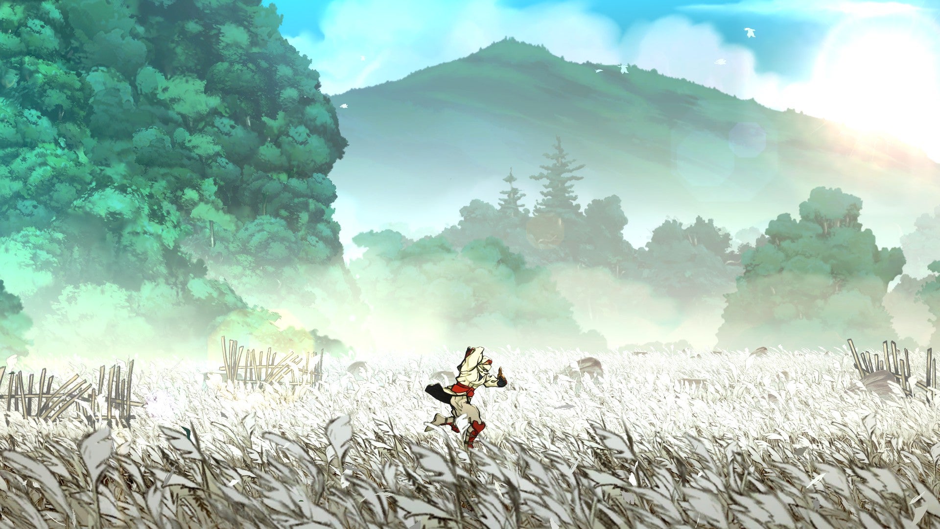 Joe Musashi runs through a field of white flowers past a misty mountain landscape in the opening of Shinobi: Art of Vengeance. - 5