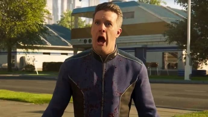 A horrified looking man standing on a suburban street in the intro cinematic for Helldivers 2