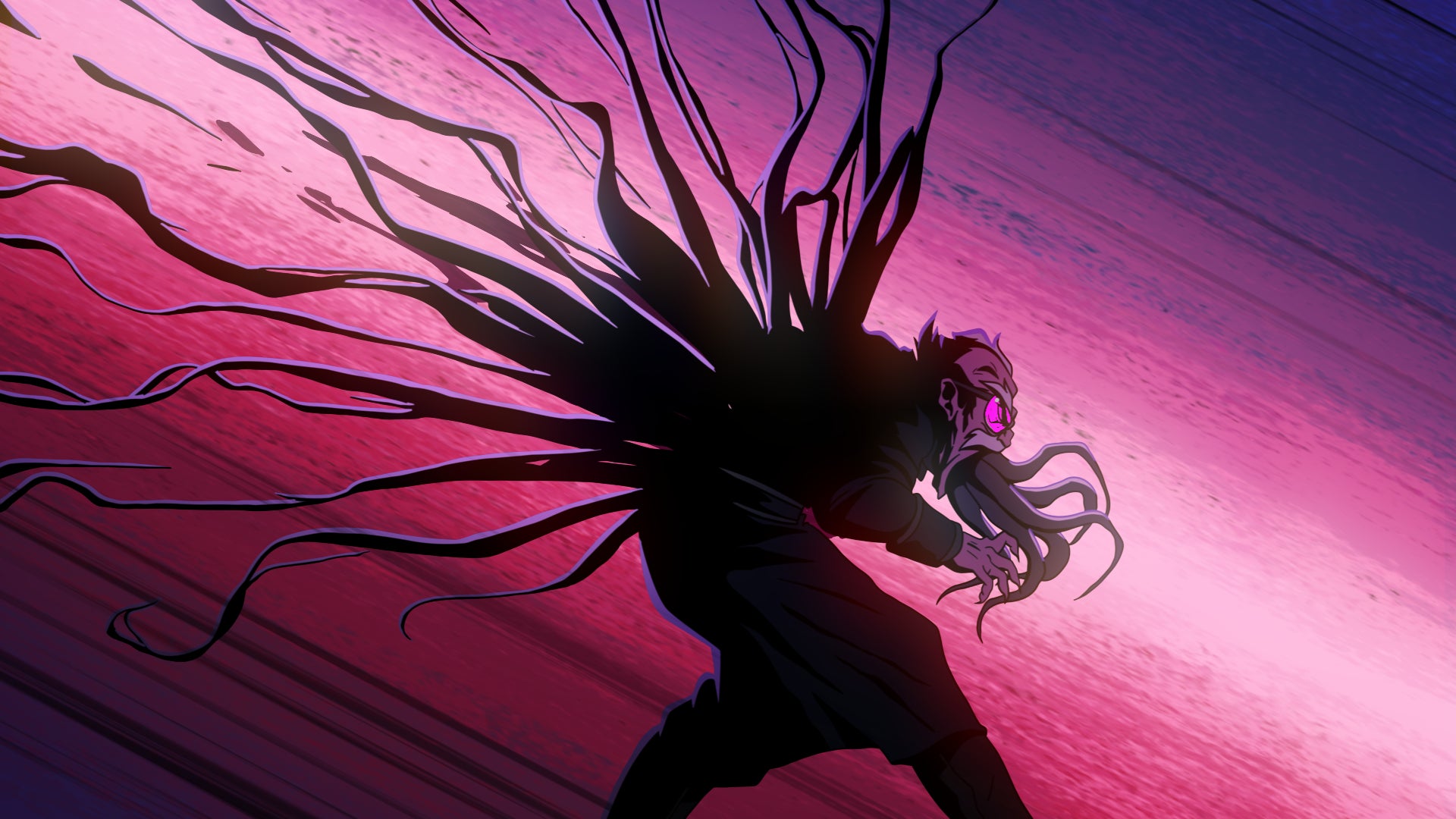 John Carpenter's Toxic Commando animated trailer still showing a man transform into a tentacled monster, in silhouette against a streak of pink and purple background