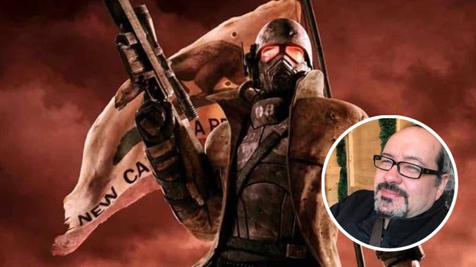 Fallout: New Vegas cover art with an image of lead writer John Gonzalez superimposed on the right.
