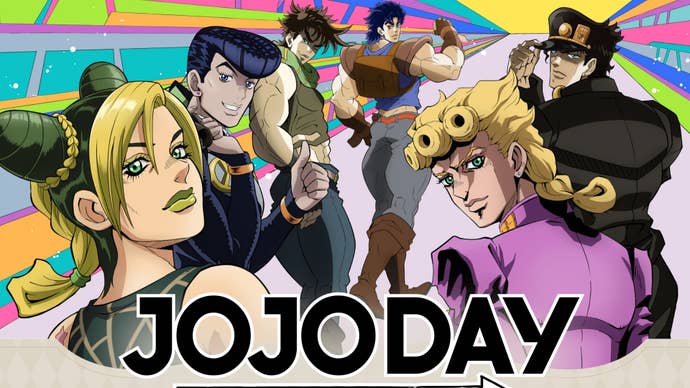The first six JoJo’s from JoJo’s Bizarre Adventure all posed together, with text reading “JoJoDay."