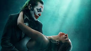 Joaquin Phoenix and Lady Gaga are both in clown make-up in a poster for Joker 2, with Phoenix holding Gaga in a dip as if they're ballroom dancing.