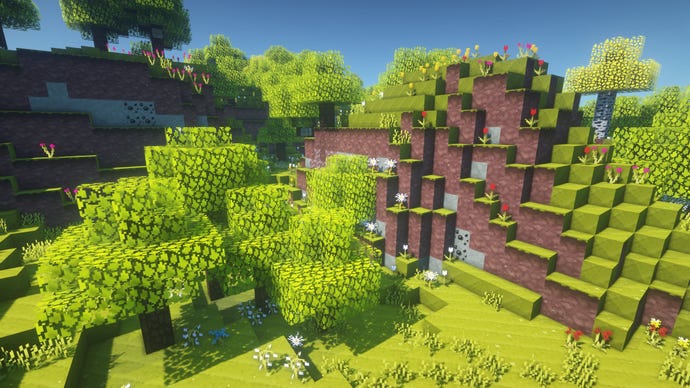 A Minecraft screenshot of a landscape displayed using the Jolicraft Texture Pack.