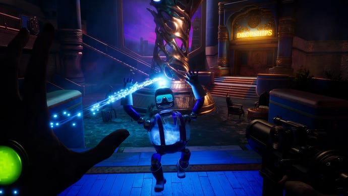 The title character of Judas fights a little rotund robot with her in-built hand weapons, against a steampunky indoor backdrop.