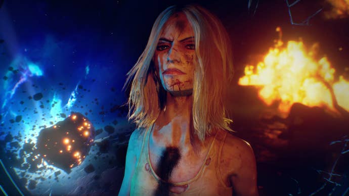 An image of Judas, titular main character of upcoming action RPG from Ghost Story Games. Judas is a blonde white woman covered in bruises and cuts, looking into a mirror as what appears to be an asteroid approaches the burning ship she’s standing in
