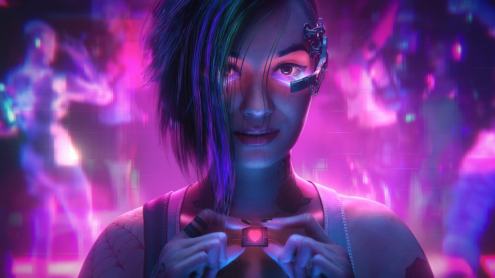 A pink and purple-hued piece of artwork showing a pretty feminine character with high-tech futuristic gadgets on their face and tattoos on their bare arms smiling at the camera. It's Judy from Cyberpunk.
