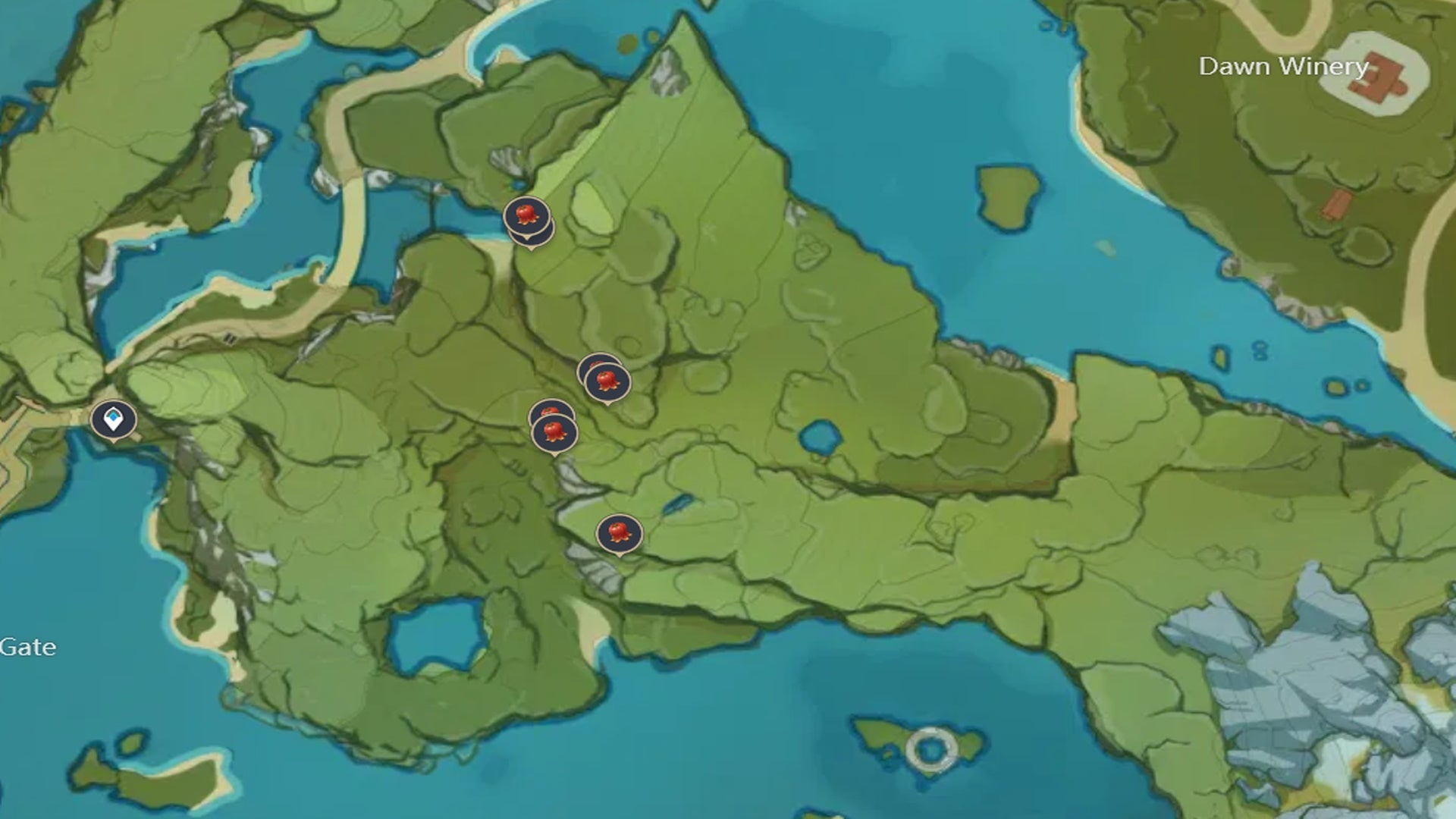 Genshin Impact Jueyun Chili locations: A map showing rivers and a valley with chili locations marked in the central hills - 4