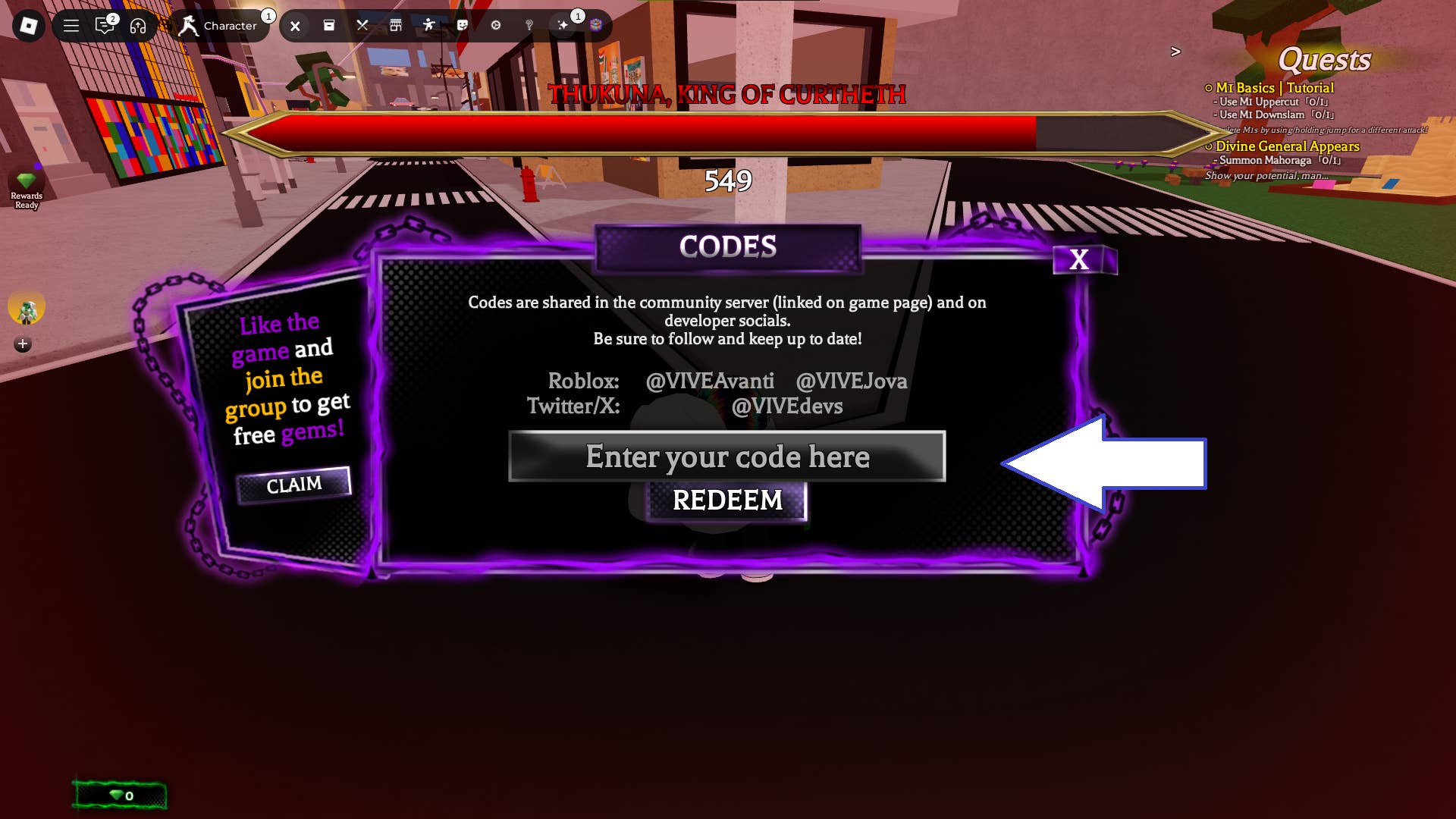 Uma captura de tela do Jujutsu Beatdown em Roblox mostrando o campo Codes do jogo.