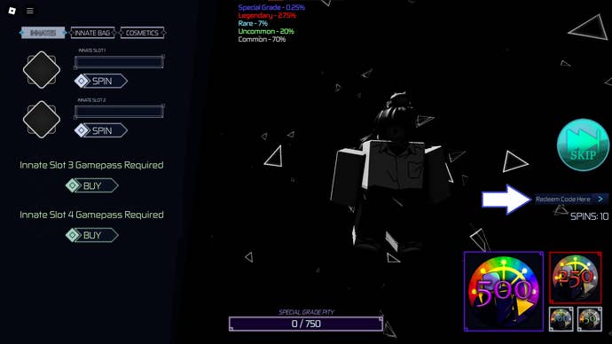 A screenshot of Jujutsu Infinite in Roblox showing the game’s codes field.