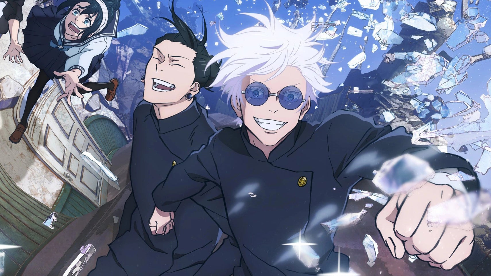 Gojo, a white haired man with round glasses and striking blue eyes, is marching forward with a big smile on his face, Geto, a man with long hair, laughing behind him, as glass shareds fly around them. - 1