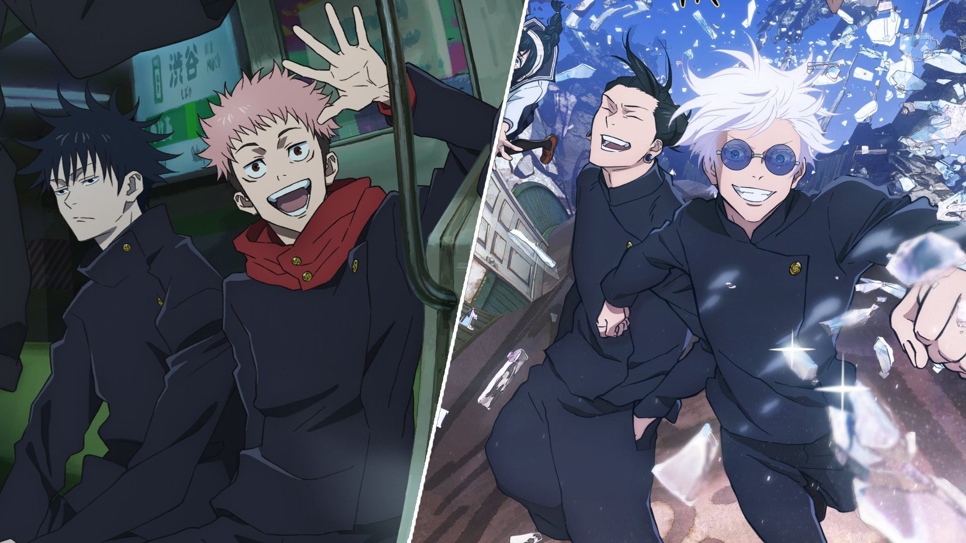 On the left, Megumi and Yuji from Jujutsu Kaisen are sat on a train, Yuji is smiling and waving into the camera. On the right, Gojo and Geto are smiling and laughing as they're strutting along. - 1