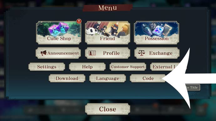 Arrow pointing at the codes button in the mobile game Jujutsu Kaisen Phantom Parade.