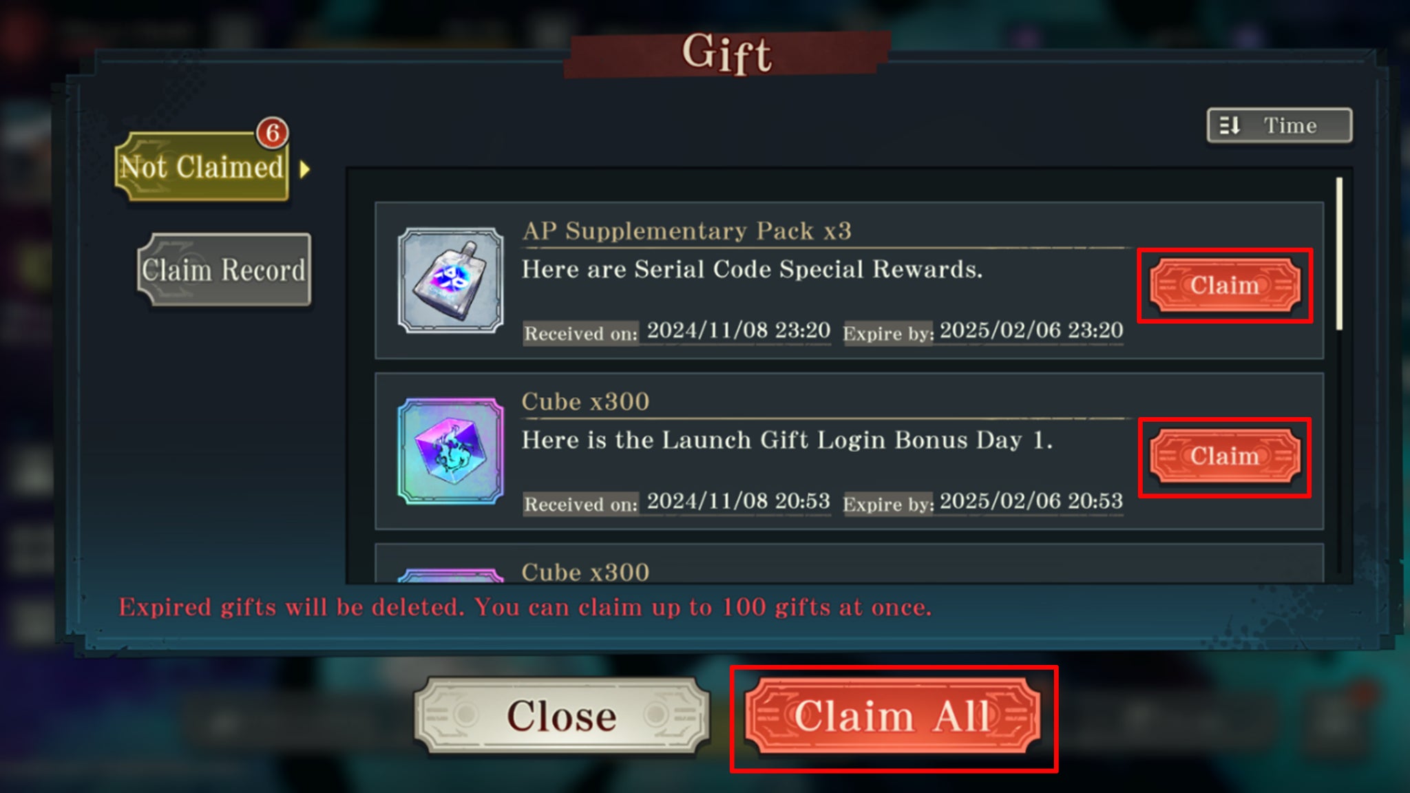 The gift menu in Jujutsu Kaisen Phantom Parade, with the buttons for claiming rewards highlighted. - 4