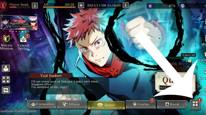 Arrow pointing at the menu button in the mobile game Jujutsu Kaisen Phantom Parade.