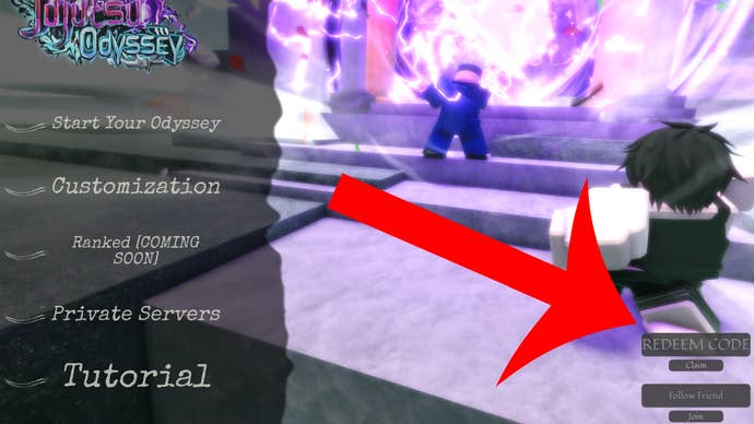 The arrow indicating the menu used to replace the codes in Roblox Jujutsu Odyssey.