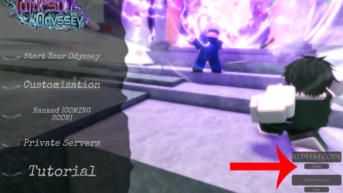 The arrow indicating the click buttons to replace the codes in Jujutsu Odyssey.