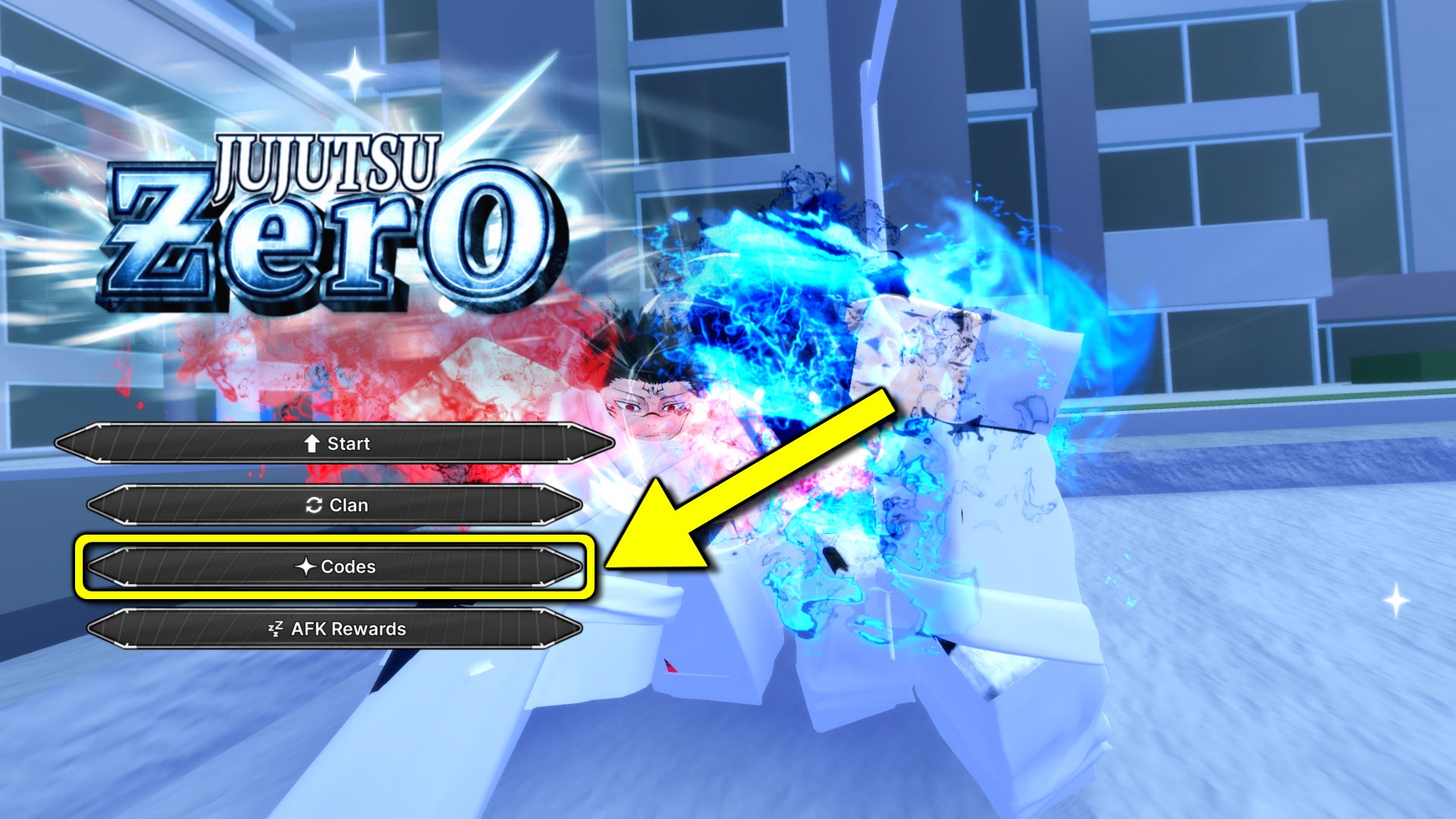 A screenshot from the main menu of Jujutsu Zero, featuring an arrow pointing to the Codes option where players can input codes. - 3