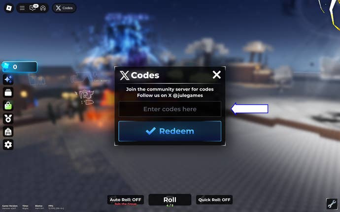 A screenshot of Jule's RNG in Roblox showing the game's codes screen.