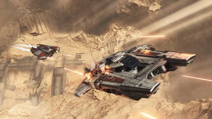 Two spaceships are flying supra a rocky terrain successful Jump Space.
