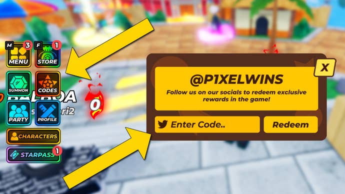 Part of a Jump Stars screenshot in Roblox, with the Codes button and the Enter Code input field annotated with large yellow arrows.