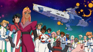 Anime-inspired artwork for Jumplight Odyssey showing its crew standing in a long row beneath a large starship.