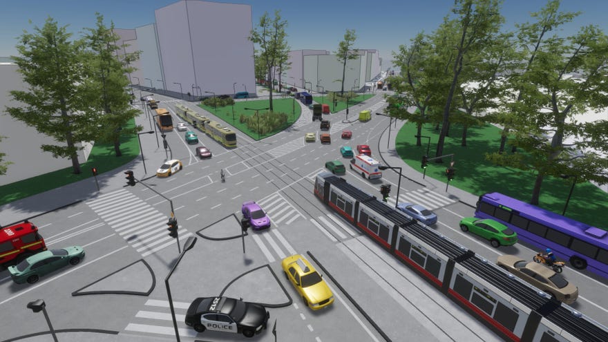 Cars, trams and pedestrians navigate a junction in Junxions.