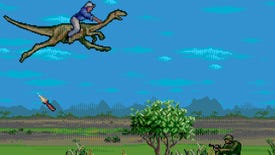 Alan Grant - riding a raptor - fires a rocket at a crouched soldier holding a gun in the retro Jurassic Park game